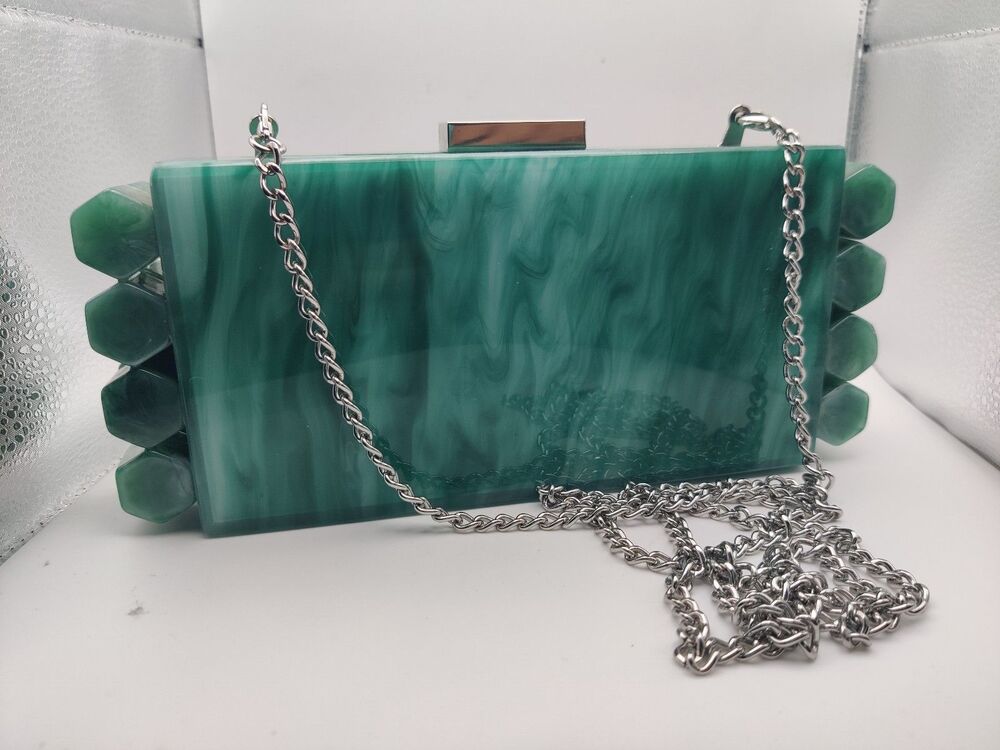 Malachite Marbled Acrylic Clutch Silver Hardware Chain Strap Like New